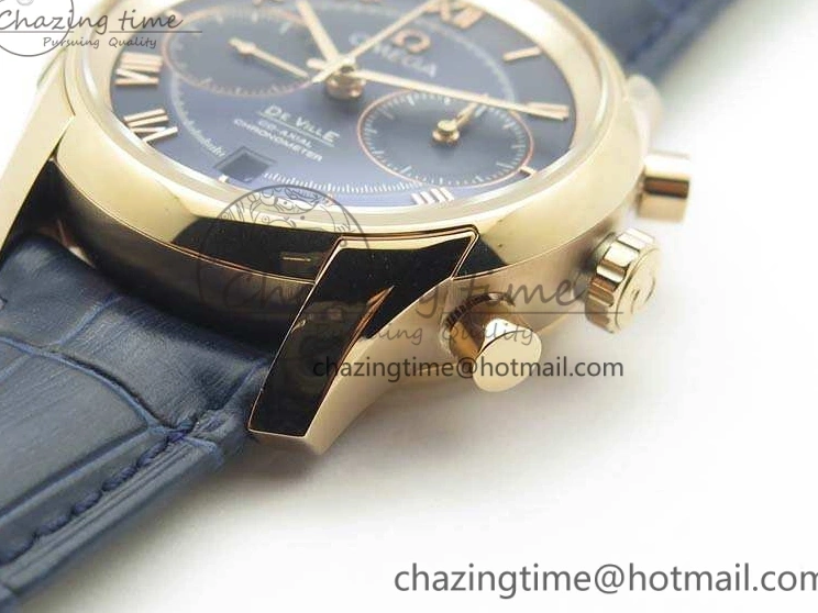 0128 QuickDry De Ville Chronograph RG OMF 1:1 Best Edition Blue Dial On Blue Leather Strap A 8107